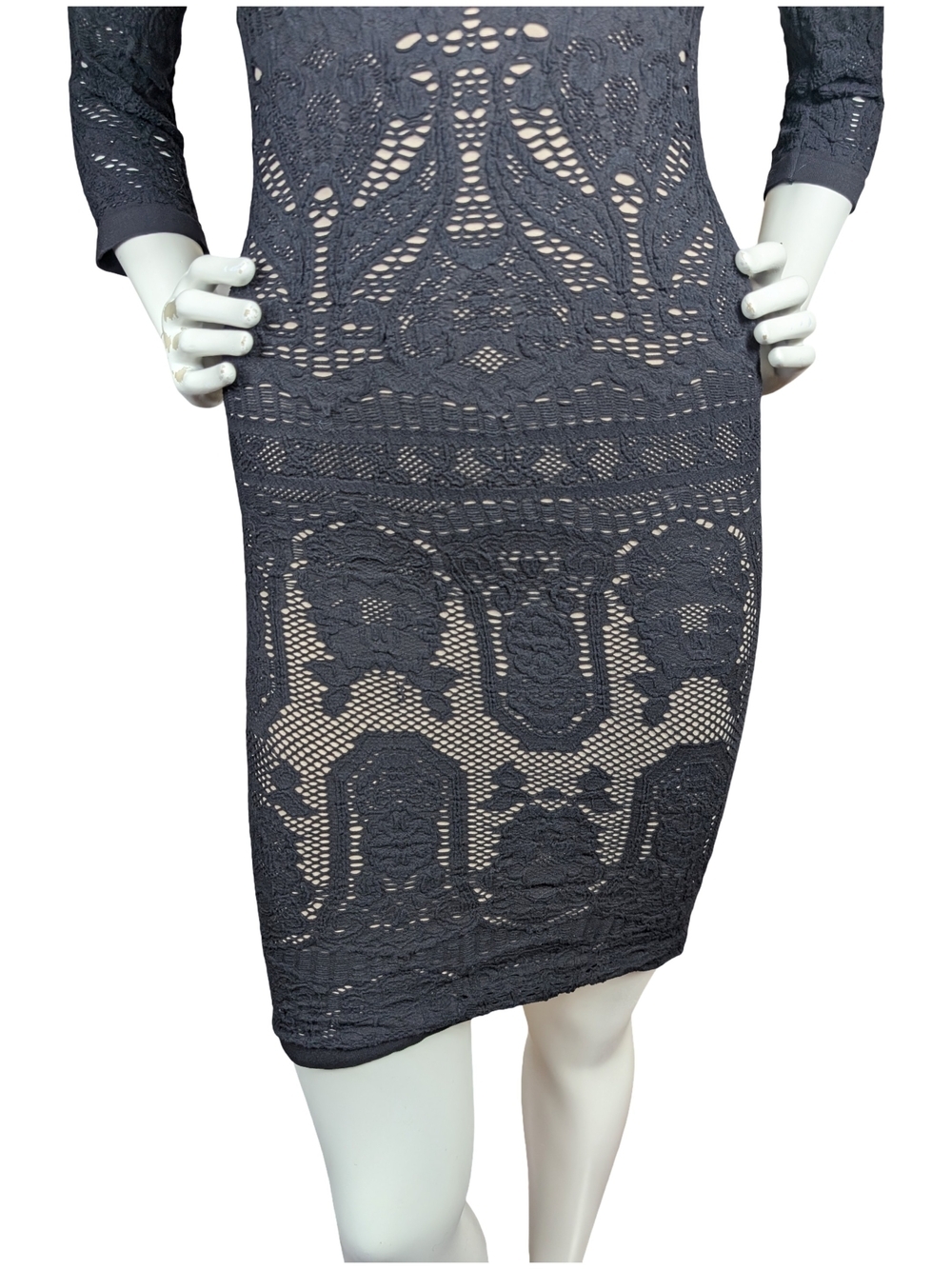 Vintage Y2K bebe Made USA Black Lace Nude Lined Bodycon Bombshell Dress M/L - Picture 5 of 9